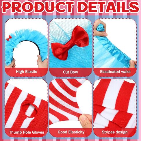 8 Pcs Women Blue Tulle Tutu Costume Set Include Red White Striped Socks Tulle Headbands Arm Warmers for Cosplay in Saudi Arabia