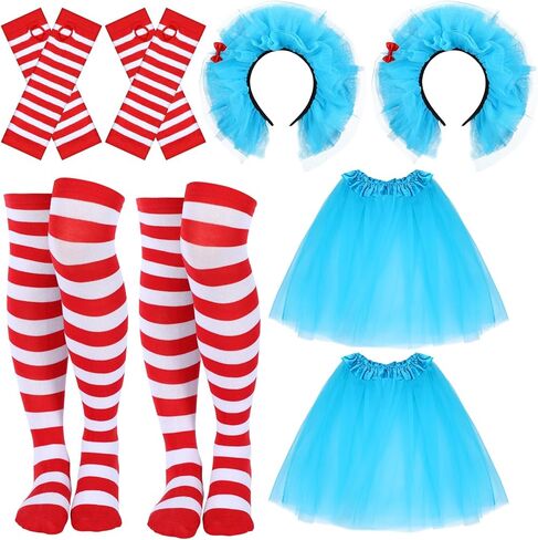 8 Pcs Women Blue Tulle Tutu Costume Set Include Red White Striped Socks Tulle Headbands Arm Warmers for Cosplay in Saudi Arabia