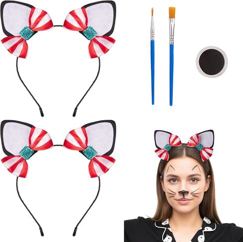 2 Cat Ears Headbands with Removable Red and White Stripe Bow Hair Clips, Black Face Paint and 2 Brushes – Cat Dress Up Kit for Hat Day, Reading Week, Book Character Parade Accessories in Saudi Arabia