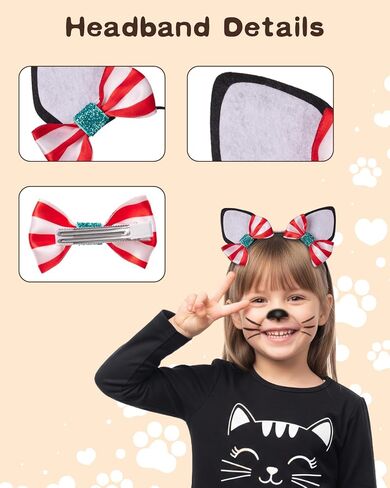 2 Cat Ears Headbands with Removable Red and White Stripe Bow Hair Clips, Black Face Paint and 2 Brushes – Cat Dress Up Kit for Hat Day, Reading Week, Book Character Parade Accessories in Saudi Arabia