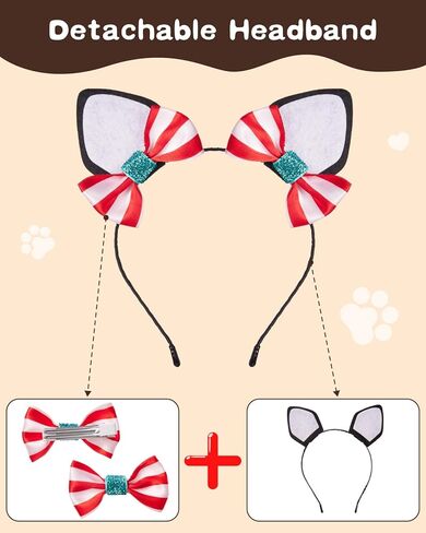 2 Cat Ears Headbands with Removable Red and White Stripe Bow Hair Clips, Black Face Paint and 2 Brushes – Cat Dress Up Kit for Hat Day, Reading Week, Book Character Parade Accessories in Saudi Arabia