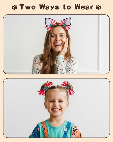 2 Cat Ears Headbands with Removable Red and White Stripe Bow Hair Clips, Black Face Paint and 2 Brushes – Cat Dress Up Kit for Hat Day, Reading Week, Book Character Parade Accessories in Saudi Arabia