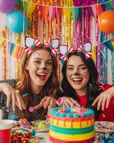 2 Cat Ears Headbands with Removable Red and White Stripe Bow Hair Clips, Black Face Paint and 2 Brushes – Cat Dress Up Kit for Hat Day, Reading Week, Book Character Parade Accessories in Saudi Arabia