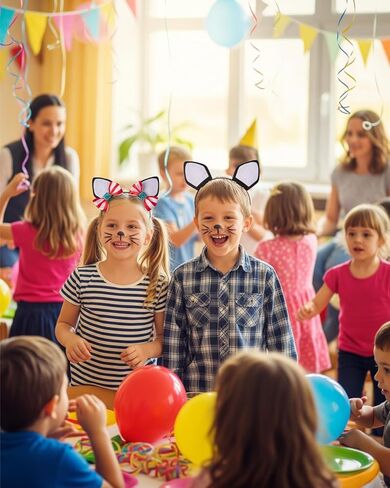 2 Cat Ears Headbands with Removable Red and White Stripe Bow Hair Clips, Black Face Paint and 2 Brushes – Cat Dress Up Kit for Hat Day, Reading Week, Book Character Parade Accessories in Saudi Arabia