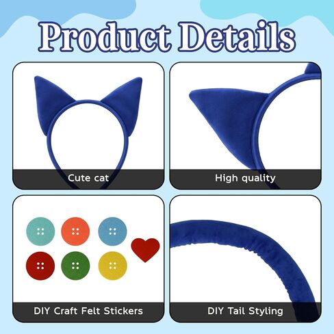 Blue Cat Costume Accessories with Cat Ear Headband, Tail, Heart Button Stickers for Book Day Cosplay Party Supplies in Saudi Arabia