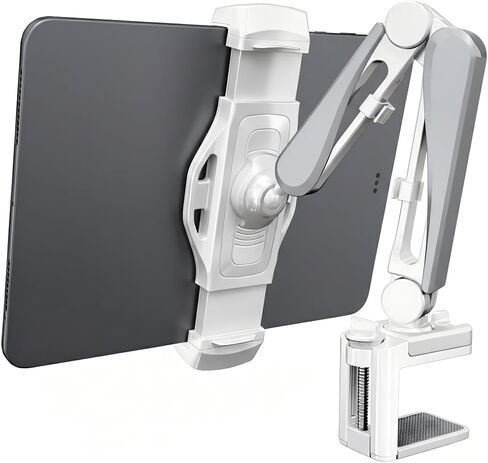 Aluminum Tablet Stand Holder, iPad Clamp Mount with 360° Adjustable Long Arm, iPad Stand for Desk & Bed, Tablet Holder for 4"-13" iPhone, iPad Mini Air Pro, Kindle, Switch - Elegant White in Kuwait