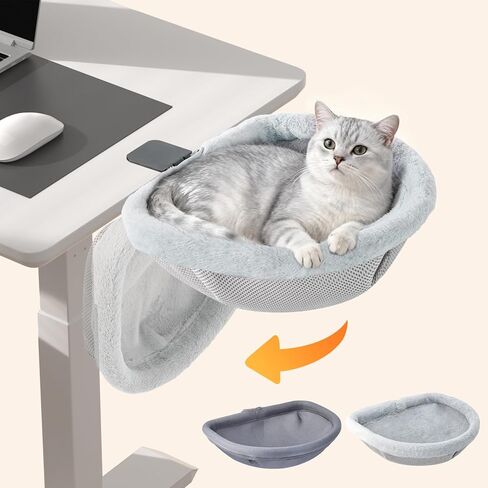 Cat Desk Bed Attachment, One-Motion Folding & Hanging Desk Cat Bed Mount with Washable Winter & Summer Dual Nests, Supports Large Cats up to 33lbs, Light Grey in Kuwait