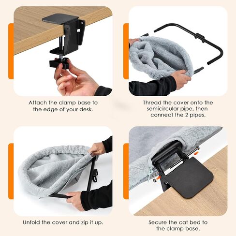 Cat Desk Bed Attachment, One-Motion Folding & Hanging Desk Cat Bed Mount with Washable Winter & Summer Dual Nests, Supports Large Cats up to 33lbs, Light Grey in Kuwait