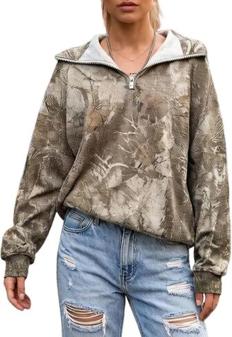 GORGLITTER Women's Oversized Camo Sweatshirt Maple Leaf Print Long Sleeve Half Zip Pullover Hoodies Hunting Fashion Outfits in Saudi Arabia