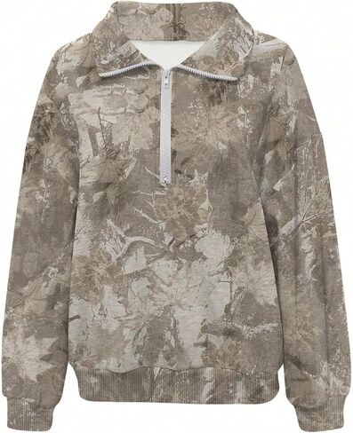 GORGLITTER Women's Oversized Camo Sweatshirt Maple Leaf Print Long Sleeve Half Zip Pullover Hoodies Hunting Fashion Outfits in Saudi Arabia