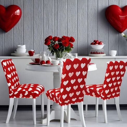 Whaline 4Pcs Valentine' s Day Chair Covers Dining Chair Slipcover Red White Heart Removable Seat Covers for Wedding Anniversary Home Kitchen Hotel Restaurant Decor in Saudi Arabia