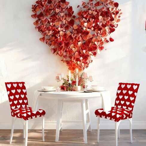 Whaline 4Pcs Valentine' s Day Chair Covers Dining Chair Slipcover Red White Heart Removable Seat Covers for Wedding Anniversary Home Kitchen Hotel Restaurant Decor in Saudi Arabia