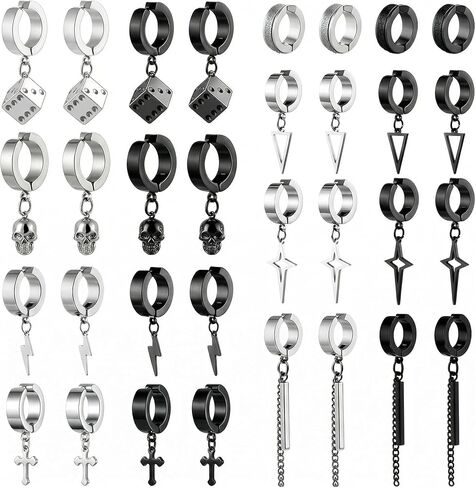 16 Pairs Clip On Earrings : Non Pierced Fake Huggie Hoop Earrings for Men Women, Painless Stainless Steel Hypoallergenic for Sensitive Ears, Black & Silver Set in Saudi Arabia