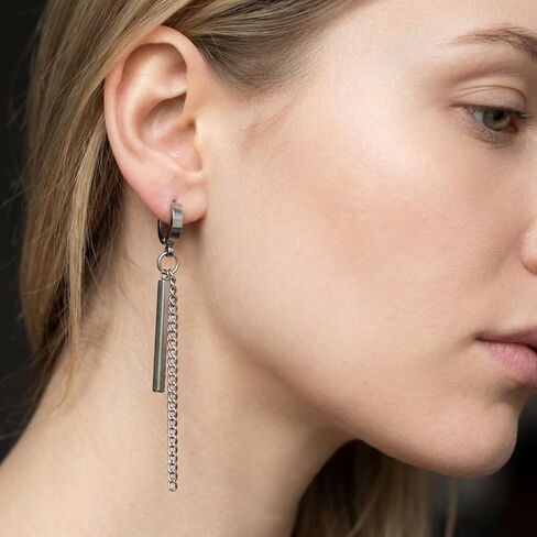 16 Pairs Clip On Earrings : Non Pierced Fake Huggie Hoop Earrings for Men Women, Painless Stainless Steel Hypoallergenic for Sensitive Ears, Black & Silver Set in Saudi Arabia