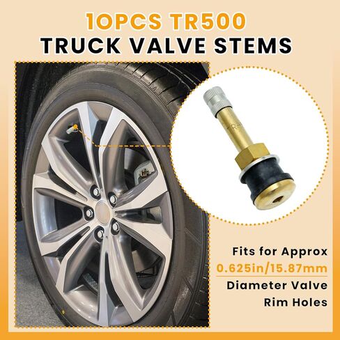 10 قطع من سيقان صمام الإطارات TR500، سيقان صمام معدنية بديلة بدون أنابيب، جذع صمام الإطارات النحاسي المشبك مع قلب جذع الصمام للحافة بفتحات حافة صمام قطرها 625 بوصة in Kuwait