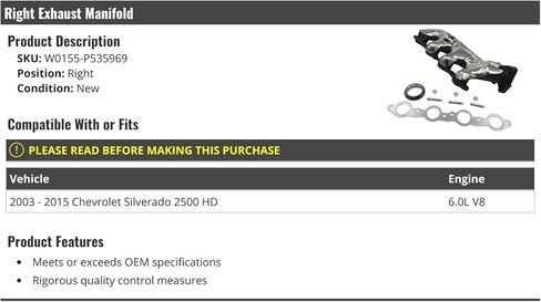 Right Passenger Side Exhaust Manifold - Compatible with 2003-2015 Chevy Silverado 2500 HD 6.0L V8 in Saudi Arabia