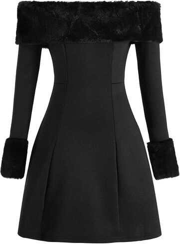 Women's Faux Fur Off The Shoulder Cocktail Dress Fuzzy Long Sleeve A Line Mini Date Night Dresses in Saudi Arabia