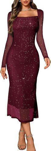 DRESSTELLS Women's Formal Wedding Guest Cocktail Party Sequin Sparkly Mesh Long Bodycon Dress in Kuwait