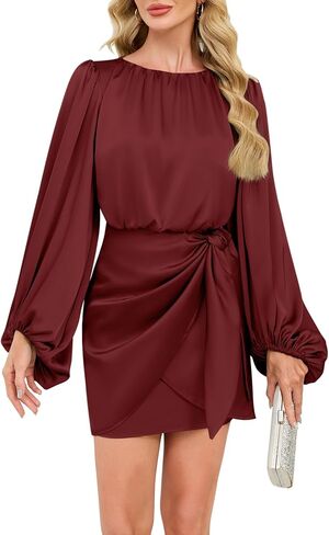 Cocktail Dresses for Women Formal Short Satin Dress Elegant Long Sleeve Crew Neck Tie Waist Wedding Party Mini Dress in Saudi Arabia