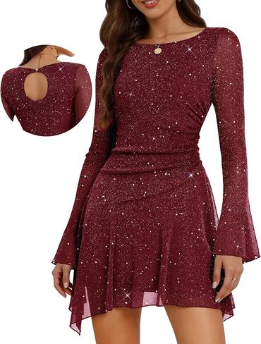 Aupuls Long Sleeve Sequin Prom Dresses for Teens Asymmetrical Going Out Women Party Cocktail Dress in Kuwait