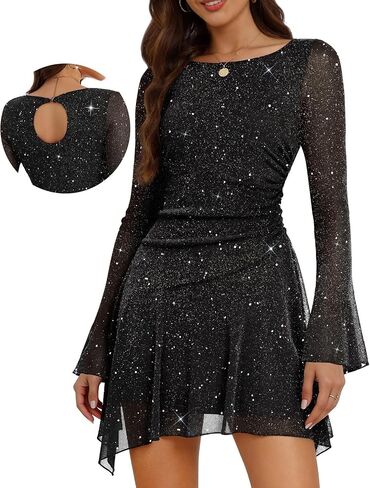 Aupuls Long Sleeve Sequin Prom Dresses for Teens Asymmetrical Going Out Women Party Cocktail Dress in Saudi Arabia