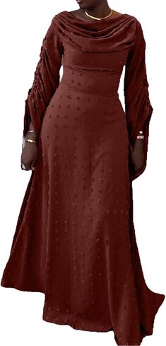 Women's Fall Long Sleeve Maxi Dress Elegant Cowl Neck Swiss Dot Drawstring Boho Long Cocktail Party Going Out Dresses in Saudi Arabia