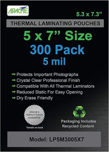 Apache 300 Pack Laminating Pouches 5 mil, Holds 5 x 7 Inch Photo Size (5.3 x 7.3 Inch Sheets), Office and School Supplies, Thermal Laminating Sheets, Super Clear, Round Corner in Saudi Arabia