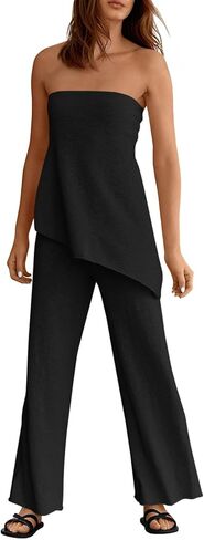 Tankaneo Womens 2 Piece Outfits Asymmetrical Tube Top Wide Leg Pants Knit Vacation Travel 2025 Matching Lounge Sets in Saudi Arabia