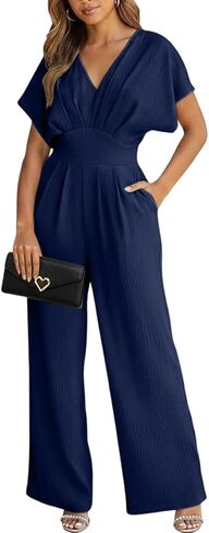 جمبسوت من Knowfashionstyle للنساء صيفي أنيق كاجوال بياقة على شكل V وأكمام واسعة وساق واسعة ملابس أنيقة للإجازة من قطعة واحدة in Kuwait