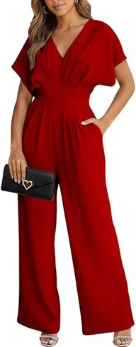 جمبسوت من Knowfashionstyle للنساء صيفي أنيق كاجوال بياقة على شكل V وأكمام واسعة وساق واسعة ملابس أنيقة للإجازة من قطعة واحدة in Kuwait