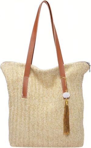 Large Straw Woven Beach Tote Bag for Women Summer Mesh Shoulder Bag for Travel Vacation or Gifts with Leather Trim in Saudi Arabia