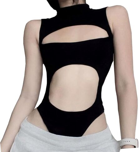 Hollow Out Outfits Black Y2k Rave Bodysuit Turtleneck Cut Out Body Suit Sleeveless Club Goth Lingerie One Piece in Saudi Arabia