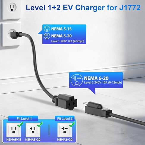 Level 1 & Level 2 EV Charger, J1772 Electric Vehicle Portable Charger with 25FT Cable and NEMA 6-20 Plug NEMA 5-15 Adapter for Household Socket,ETL Certified, Home EV Charging Station 8-16A /110-240V in Saudi Arabia