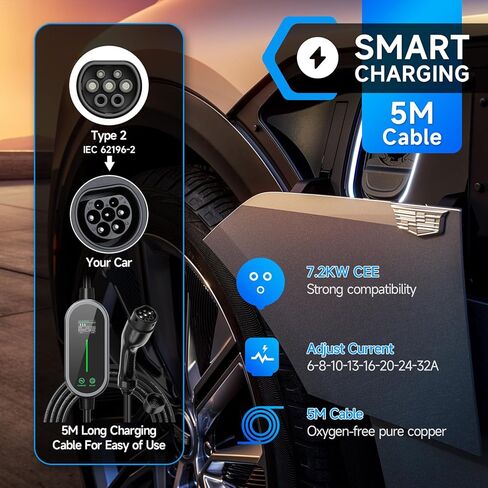 كابل شحن 7.2 كيلو واط من النوع 2، 6/8/10/13/16/20/24/32A تيار قابل للتعديل، كابل شحن 5 متر سيارة كهربائية من النوع 2، شحن متأخر 1-15 ساعة in Kuwait