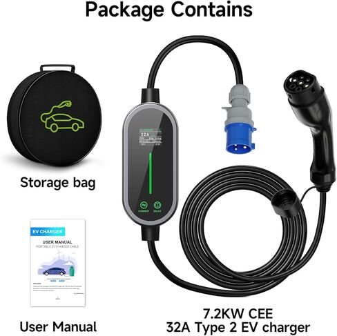 كابل شحن 7.2 كيلو واط من النوع 2، 6/8/10/13/16/20/24/32A تيار قابل للتعديل، كابل شحن 5 متر سيارة كهربائية من النوع 2، شحن متأخر 1-15 ساعة in Kuwait