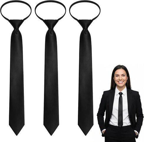 3PCS Skinny Black Tie, Pre Tied Adjustable Zipper Ties 2.2in Zipper Necktie for Women Pre-tied Solid Color Neck Tie for Business Uniforms in Saudi Arabia
