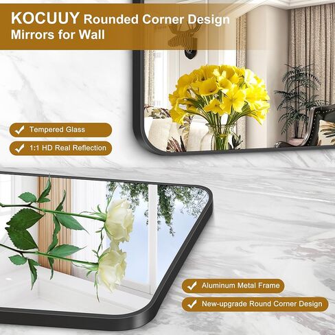 مرآة حمام مربعة من KOCUUY، مرآة زينة مستطيلة سوداء مقاس 60.96 سم × 60.96 سم، مرآة بإطار معدني أسود مع زاوية مستديرة للحمام وغرفة النوم وغرفة المعيشة والمدخل in Kuwait