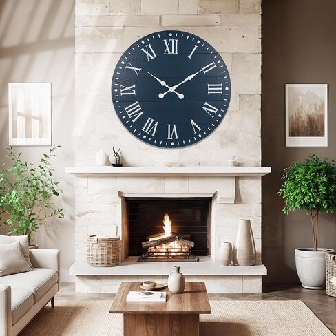 35" Large Wall Clock, Shiplap Wall Clock with Roman Numeral Nearly Non-Ticking Farmhouse Round Wall Clocks for Living Room Decor, Office, Bedroom, Entrance, Blue in Saudi Arabia