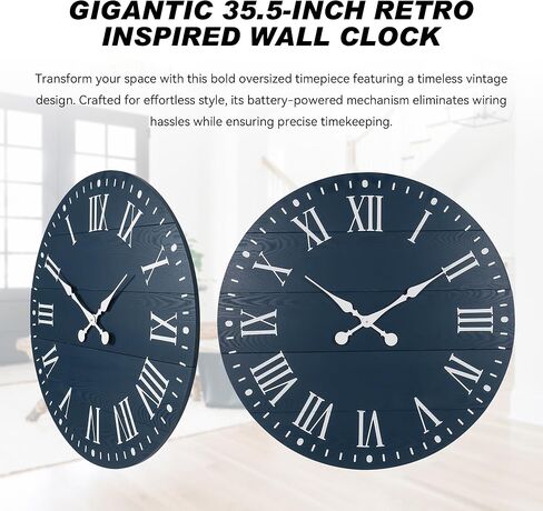 35" Large Wall Clock, Shiplap Wall Clock with Roman Numeral Nearly Non-Ticking Farmhouse Round Wall Clocks for Living Room Decor, Office, Bedroom, Entrance, Blue in Saudi Arabia