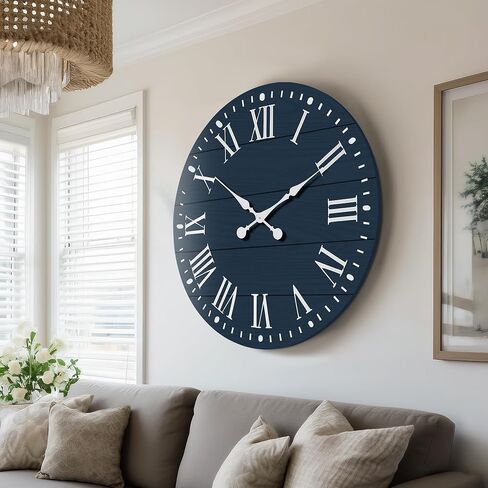35" Large Wall Clock, Shiplap Wall Clock with Roman Numeral Nearly Non-Ticking Farmhouse Round Wall Clocks for Living Room Decor, Office, Bedroom, Entrance, Blue in Saudi Arabia