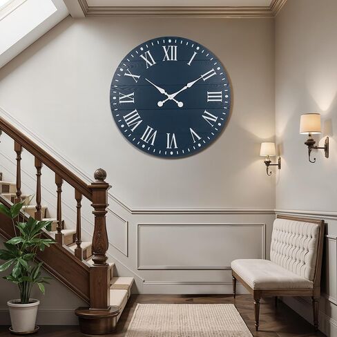 35" Large Wall Clock, Shiplap Wall Clock with Roman Numeral Nearly Non-Ticking Farmhouse Round Wall Clocks for Living Room Decor, Office, Bedroom, Entrance, Blue in Saudi Arabia