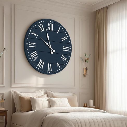 35" Large Wall Clock, Shiplap Wall Clock with Roman Numeral Nearly Non-Ticking Farmhouse Round Wall Clocks for Living Room Decor, Office, Bedroom, Entrance, Blue in Saudi Arabia