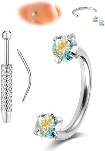 حلقات أنف على شكل حدوة حصان مويسانيتي للنساء 20 جرام G23 حلقات أنف من التيتانيوم خيط داخلي حاجز الأنف ثقب مجوهرات لا تسبب الحساسية مسامير لولبية مزدوجة مصنوعة من الماس معتمد 3 مم D VVS1 مع أداة وردي/أبيض/AB اللون in Kuwait