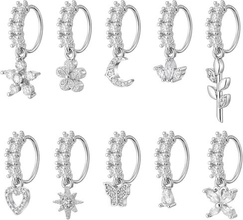 10Pcs Dangle Nose Rings Hoop 20g Silver L Shaped Rings Studs for Women Surgical Steel Nose Ring Studs Dainty Butterfly Heart Moon Star Dangle Rings Hoops Nose Piercing for Women Body Piercing Jewelry in Saudi Arabia