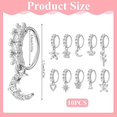 10Pcs Dangle Nose Rings Hoop 20g Silver L Shaped Rings Studs for Women Surgical Steel Nose Ring Studs Dainty Butterfly Heart Moon Star Dangle Rings Hoops Nose Piercing for Women Body Piercing Jewelry in Saudi Arabia