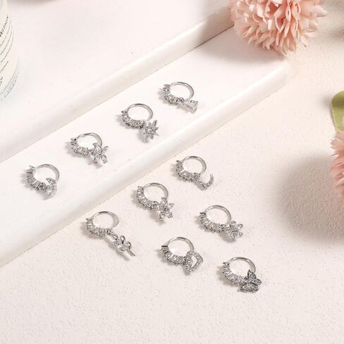 10Pcs Dangle Nose Rings Hoop 20g Silver L Shaped Rings Studs for Women Surgical Steel Nose Ring Studs Dainty Butterfly Heart Moon Star Dangle Rings Hoops Nose Piercing for Women Body Piercing Jewelry in Saudi Arabia