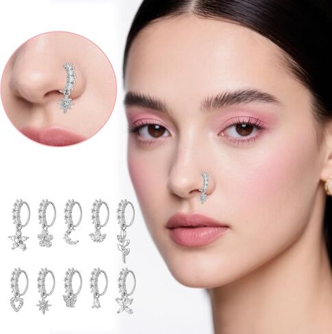 10Pcs Dangle Nose Rings Hoop 20g Silver L Shaped Rings Studs for Women Surgical Steel Nose Ring Studs Dainty Butterfly Heart Moon Star Dangle Rings Hoops Nose Piercing for Women Body Piercing Jewelry in Saudi Arabia