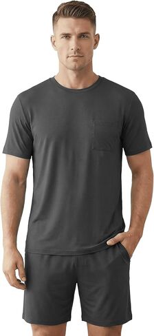 Mens Pajamas Set Cooling Viscose Made from Bamboo: Short Sleeve Shirt and Shorts, Soft Sleepwear Loungewear Summer in Saudi Arabia