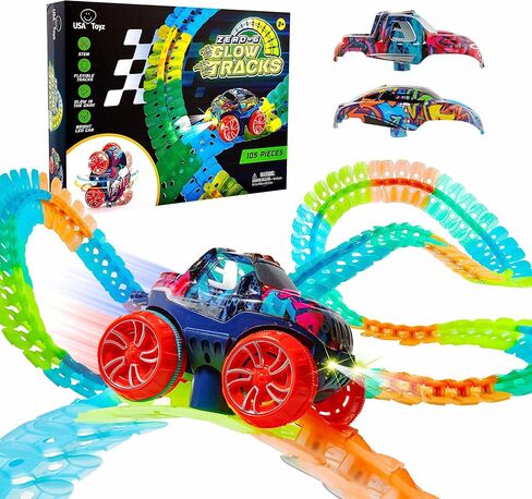 USA Toyz Zero-G Glow Race Track for Kids- 210pcs Glow in The Dark Flexible Race Track Set with Suction Cups, Slot Car, 2 Graffiti Toy Cars Shells, STEM Toy LED Car Tracks for Boys and Girls Age 3+ in Kuwait