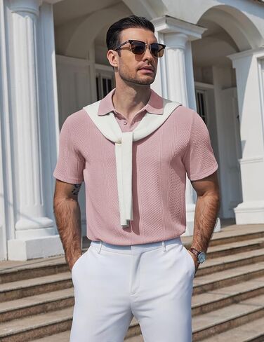COOFANDY Mens Knit Polo Shirts Short Sleeve Casual Textured Polo Shirt Summer Vintage Collared Golf T-Shir in Saudi Arabia